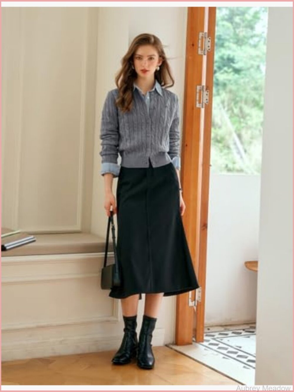 Grey Cable Knit Button Front Cropped Cardigan - Picture 6 of 6